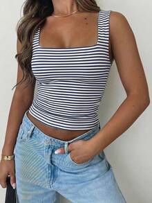 Women's Solid Color Square Neck Fitted Casual Camisole, Minimalist Retro Solid Color Vest, Summer Fashion Backless Knit Camisole, Casual Versatile, Suitable For Work Commute - Blue and White Stripes - View 5