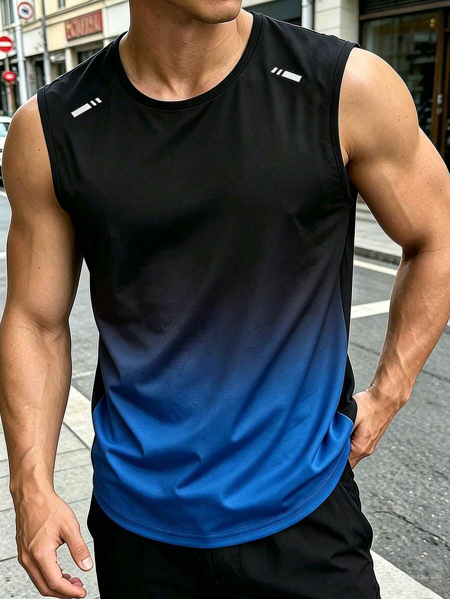 男士漸層運動背心,夏季圓領無袖健身跑步上衣 - 藍色 - 查看 1