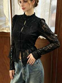 Women's New Chinese Style Black Top, Lace Jacquard Design, Slim‑Fit, Spring Autumn, For Concert Party Daily Wear - Black - View 2