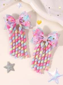 2 buah Jepit Rambut Pita Grosgrain Motif Bintang Pelangi untuk Anak Perempuan, Pinggiran Perak, Hiasan Rumbai Keriting, Jepit Rambut Buaya, Jepit Rambut Lucu dan Manis untuk Sehari-hari, Aksesori Rambut Remaja - MultiWarna - View 1