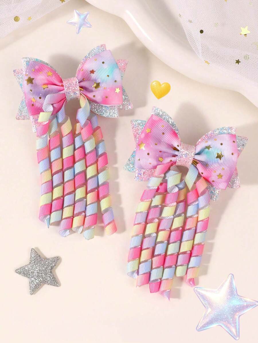2 buah Jepit Rambut Pita Grosgrain Motif Bintang Pelangi untuk Anak Perempuan, Pinggiran Perak, Hiasan Rumbai Keriting, Jepit Rambut Buaya, Jepit Rambut Lucu dan Manis untuk Sehari-hari, Aksesori Rambut Remaja - MultiWarna - View 1