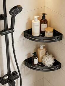 2/1pc Rust-Proof Plastic Corner Shower Caddy, Wall-Mounted Bathroom Storage Rack, Curved Design, Suitable For Shampoo, Cosmetics And Toiletries, Space-Saving For Small Bathrooms, Bathroom Storage Organizer - Black - View 10