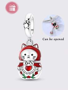 1pc Silver-Plated Matryoshka Series Openable Pendant Cat Enamel Gold Fashion Glasses Bouquet Floral Pattern Charm Suitable For Original Brand Bracelet Necklace DIY Matching - Multicolor - View 3