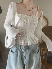 Polka Dot Ruffle Trim Camisole & Cardigan 2 Pieces Set - White - View 9