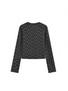 Women's Fitted Long Sleeve Henley Neck Ditsy Floral Base Layer Top - Grey - View 5