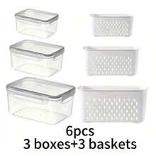 2/6pcs Double-Layer Drain Basket, Refrigerator Fruit & Vegetable Storage Box With Lid, Leak-Proof And Cross-Contamination Prevention, Stackable For Better Space Utilization, Reusable For Kitchen Storage - White - View 10
