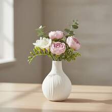 White Ceramic Vase, 13 Cm Mini Vase With Vertical Grooves, Matte, Simple Bud-Style Design, Suitable For Fresh Flowers, Dried Flowers, Pampas Grass And Artificial Roses; Ideal For The Dressing Table, Living Room, Bedside Table In The Bedroom, As Table Decoration At Weddings And As A Housewarming Gift - White - View 5
