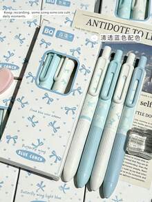 4pcs Wing Light Blue Bow Retractable Neutral Pens, 0.5mm ST Nib Smooth Writing Black Ink, Fresh Light Blue Highly, Back, First Day Of School - Multicolor - View 2
