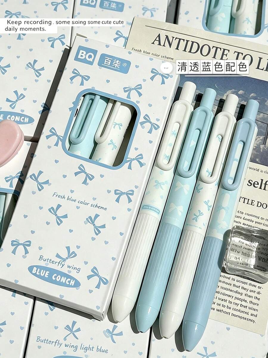 4pcs Wing Light Blue Bow Retractable Neutral Pens, 0.5mm ST Nib Smooth Writing Black Ink, Fresh Light Blue Highly, Back, First Day Of School