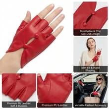 1 Pair Vintage Red Leather Gloves For Women, Elegant Fingerless Split-Finger Design With Double Button Cut-Out Hollow Detail, Evening Party Stage Performance Atmosphere Accessory Gloves - Multicolor - View 5