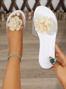 Women's Fashion Flat Slide Sandals, Transparent Strap Beach Shoes, Women's Slip-On Slippers - White - View 1