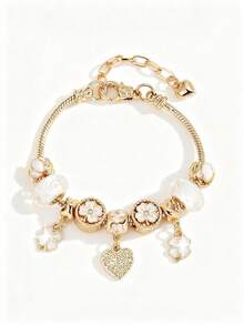 1pc Multifunctional Minimalist Adjustable Bracelet With Hollow Heart, Four-Leaf Clover And Pink Flower Pendant, Children's Fashion Daily Wear Bracelet - one-size - View 4