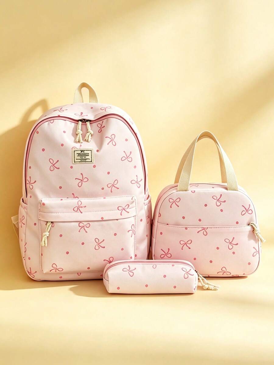 1 Set Back To School Backpack Set - College Style Bow/Polka Dot Pattern, Includes Backpack, Lunch Bag And Pencil Case, With Laptop Compartment, Adjustable Shoulder Straps And Multiple Pockets, Large Capacity School Backpack Set, Multi-Functional Daypack Set, Suitable For Girls/College Students/Graduate Students Daily Use/Vacation/Travel/Back To School - 2327 - View 1