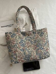 Large Capacity Shoulder Tote Bag, Unique Floral Print, Zipper Closure, Suitable For Office, Commuting And Casual Daily Use - Multicolor - View 4