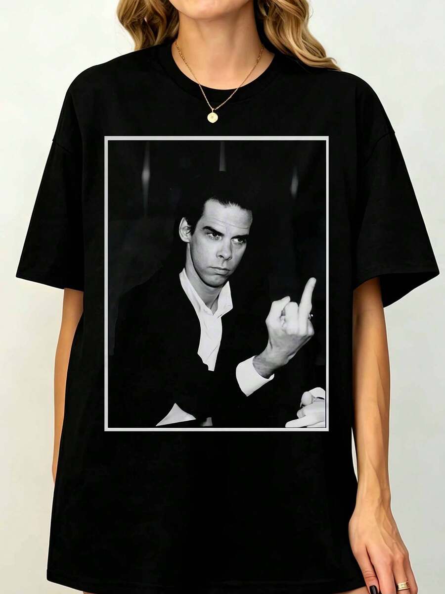 Nicks Caves The Wild God Tour Concert Graphic Unisex T-ShirT-Shirt Retro Photo Print Black Tee - 黑色 - 查看 1