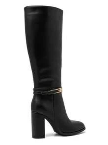 Bottes Hautes In Cuir Lisse à Talon Épais – L'Élégance Graphique Moderne - Black - View 4