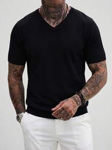 Men's Solid Color V-Neck Short Sleeve Knit Sweater, Simple Commuter Thin Pullover Top, Business Casual Short Sleeve T-Shirt, Spring/Autumn - Black - View 1