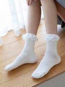 1 Pair Solid Color Fabric Ruffle Trim Soft & Sweet Elegant Women Mid-Calf Socks, Suitable For Vacation And Outdoor Activities, Spring/Summer - White - View 5