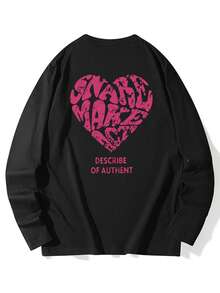Autumn/Winter New Gen Z Y2K Style Women's Top, Fun Letter & Heart Print Crew Neck Long Sleeve T-Shirt - Black - View 5