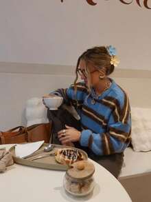 女款秋冬時尚街頭風復古撞色條紋休閒寬鬆針織套頭毛衣 - 藍色 - 查看 5