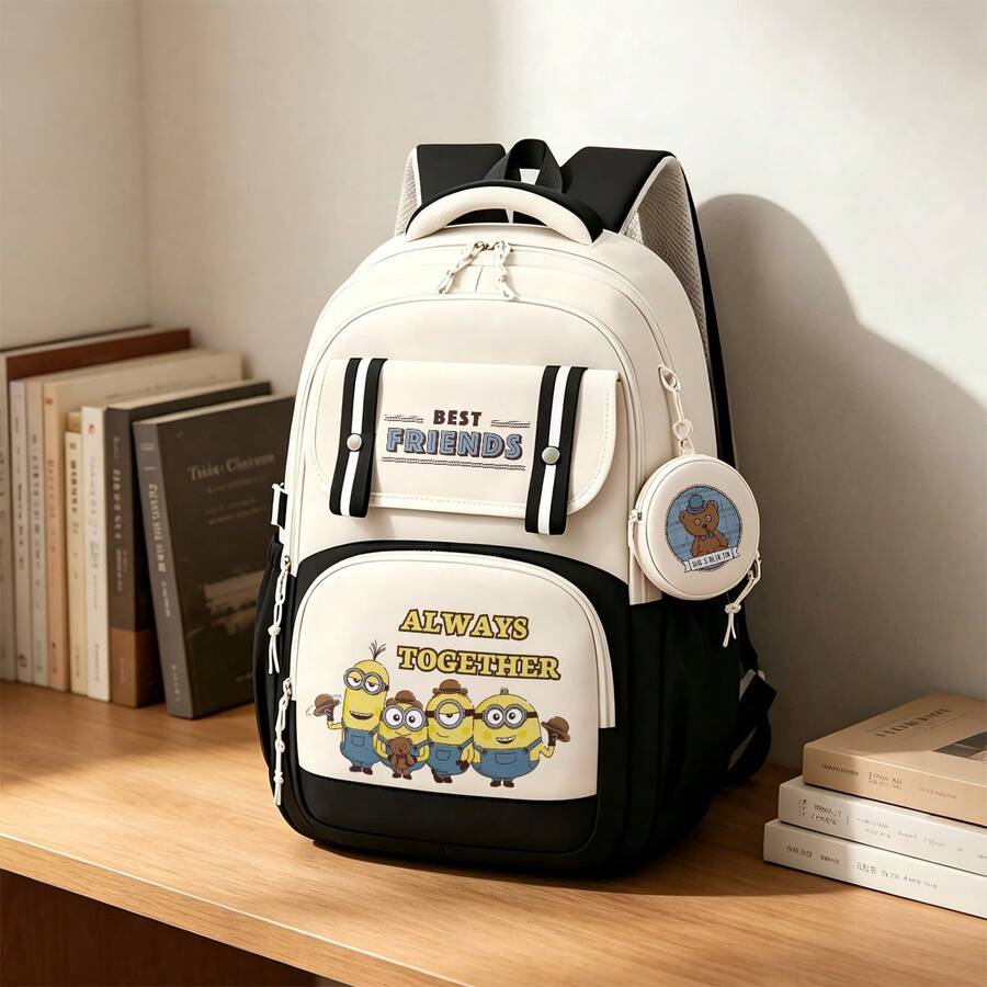 Miniso 韓版兩件組 Minion 黑白拼色大容量日常後背包,附 BEST FRIENDS ALWAYS TOGETHER 標語熊圖案圓形零錢包,印花設計 - 顏色 1 - 查看 1