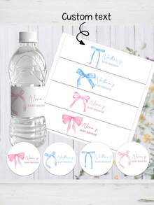 UNICCUT Personalized Coquette Pink Bow Water Bottle Labels, Pink And Blue Bow Labels, Birthday Baptism Welcome Party Decorations, Soft Pastel Ribbon Decor - Multicolor - View 1
