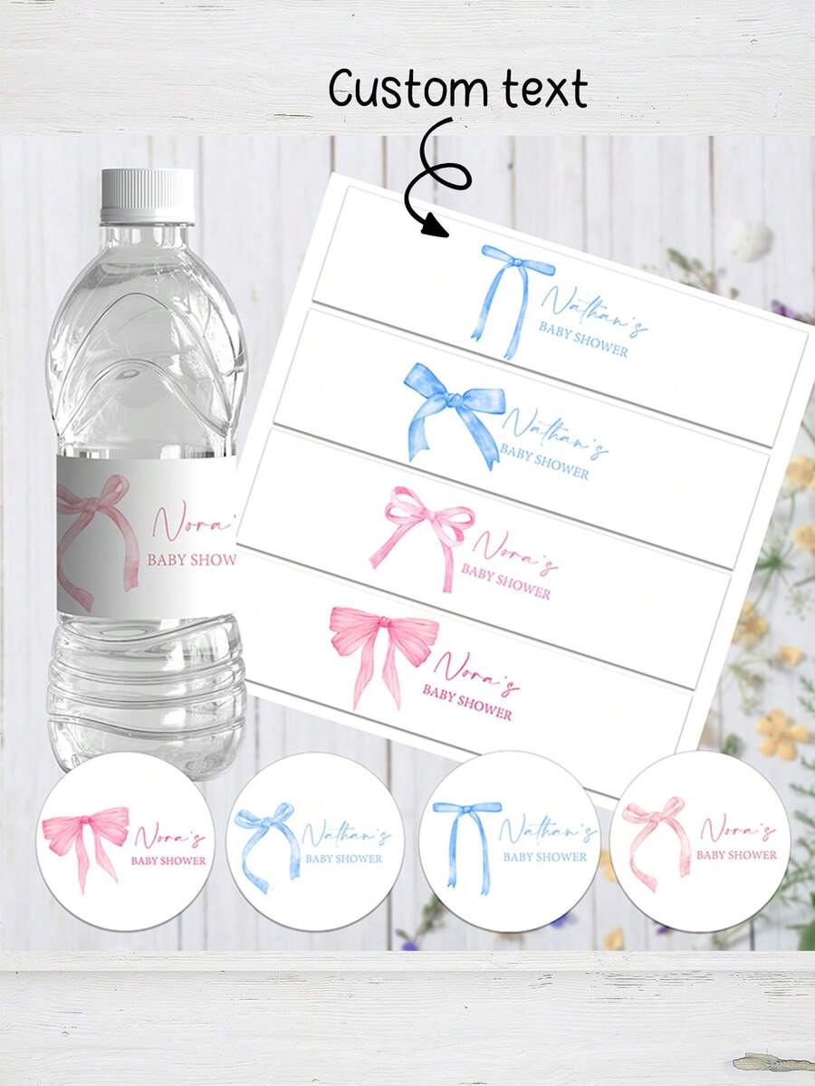 UNICCUT Personalized Coquette Pink Bow Water Bottle Labels, Pink And Blue Bow Labels, Birthday Baptism Welcome Party Decorations, Soft Pastel Ribbon Decor - Multicolor - View 1