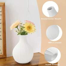White Ceramic Vase, 13 Cm Mini Vase With Vertical Grooves, Matte, Simple Bud-Style Design, Suitable For Fresh Flowers, Dried Flowers, Pampas Grass And Artificial Roses; Ideal For The Dressing Table, Living Room, Bedside Table In The Bedroom, As Table Decoration At Weddings And As A Housewarming Gift - White - View 3