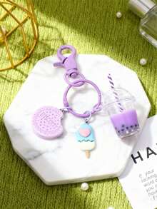 1pc Cute Cookie Ice Cream Pearl Milk Tea Keychain Set, Pink Sweet Girl Style Pendant, Handbag Decoration For Girls And Girl, Friendship Gift Jewelry - A - View 7