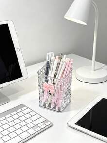 2pcs/1pc Ins Luxury Woven Square Pen Holder With Cute Bow Decoration, Student Desk Organizer, Office Large Capacity Pen Holder, Makeup Brush Holder, Multi-Function Storage Container - Rectangle - View 14