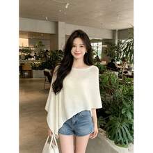 Summer Gentle Slouchy Asymmetrical Knit Top Solid Color Faux Two Pieces/Deconstructed T-Shirt For Evening Date, Daily Wear, Vacation - Apricot - View 3