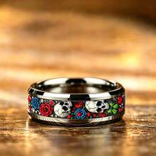 1pc Cyberpunk Red Rose Flower And Skull Ring Gothic Punk Men Stainless Steel Rings No Fade Rock Biker Jewelry Halloween Gift - Silver - View 4