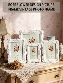 1pc White Rose Embossed Photo Frame, Resin European 3D Classical Floral Design, Gold Trim Decorative Frame Ornament, Warm Home Desktop Decor, Horizontal & Vertical Use, Suitable For Bedroom, Study, Office Desk Decoration - 1PC - View 2