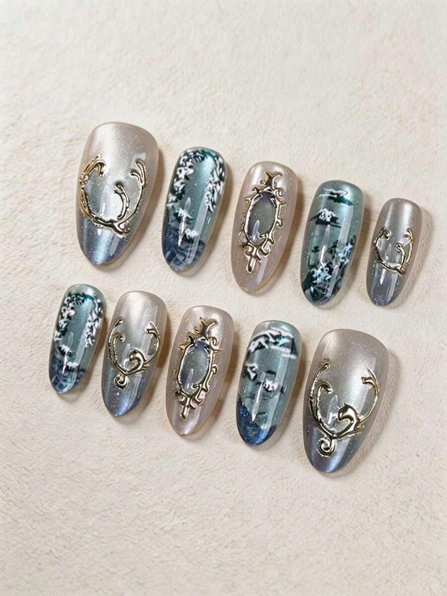 10pcs Medium-Long Almond-Shaped Summer Skin-Brightening Emerald Gemstone Wearable Nail Stickers, Jade Celadon Gradient French Style Fake Nail Tips, Instantly Enhance Your Appearance, Highlight Personal Simple Elegance, Elegant Minimalist, Y2K Princess Minimalist Sexy Style, Suitable For Women And Girls Daily Use, Also A Delicate Gift For Women And Girls, Press-On Nail Supplies - Multicolor - View 1