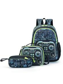 3pcs Game Controller Pattern Backpack Set, Includes Insulated Lunch Bag And Pencil Case, Large Capacity Multi-Layer Waterproof School Bag, Suitable For School - Multicolor - View 3