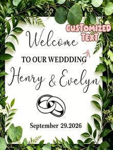可客製化婚禮歡迎貼紙「Welcome To Our Wedding」情侶戒指圖案直式鏡面乙烯基裝飾貼紙，可客製化情侶姓名與婚禮日期自黏文字貼紙 - 彩色 - 查看 2