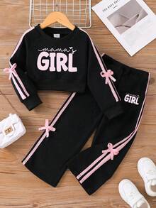 Tween Girl Cartoon Pattern Bow Decor Crew Neck Sweatshirt And Pants - Black - View 1