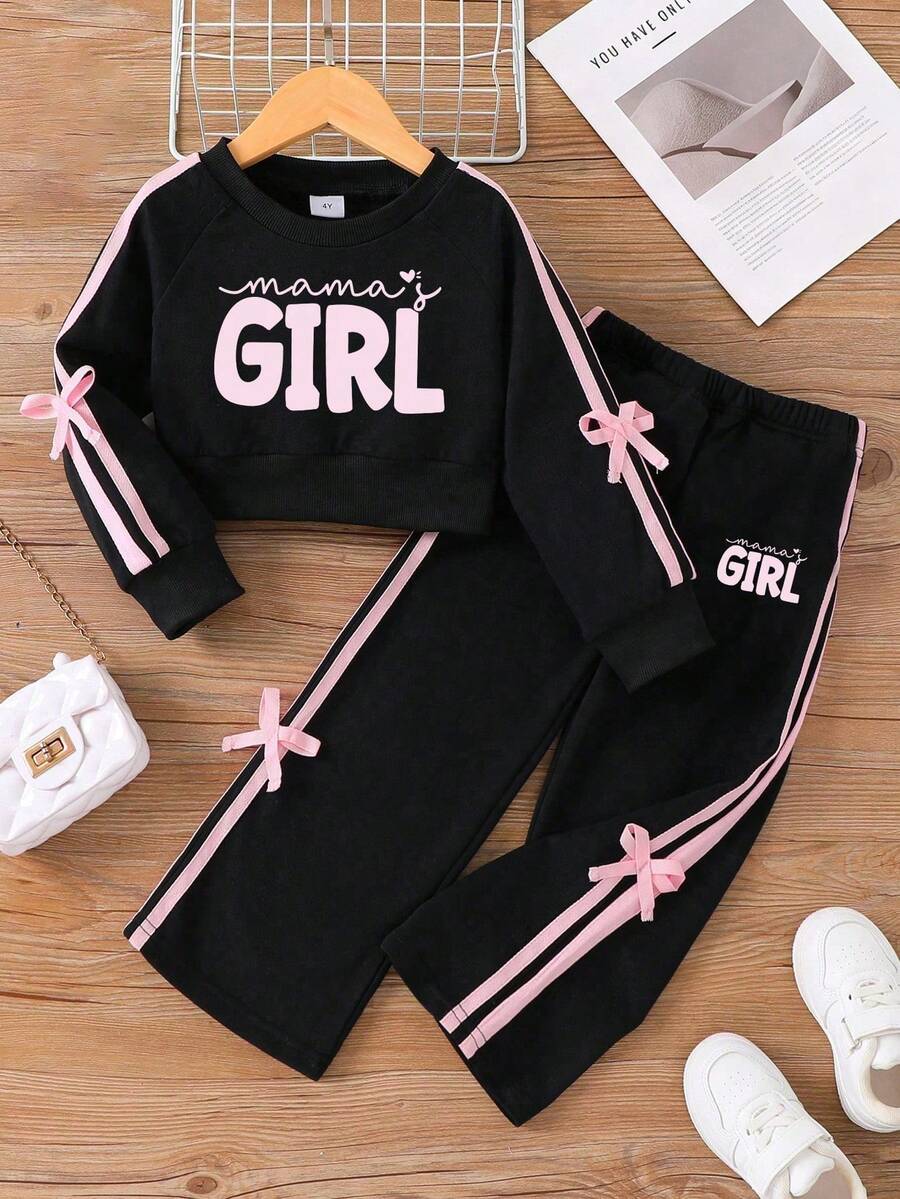 Tween Girl Cartoon Pattern Bow Decor Crew Neck Sweatshirt And Pants - Black - View 1