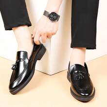 Men Tassel Decor Dress Shoes, Vintage Brown Dress Loafers For Wedding - Black - View 4