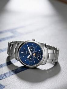FOSSIL 42mm 銀色不鏽鋼多功能手錶 深藍色放射紋月相錶盤 金屬鏈條錶帶 FS5907 - 銀色 - 查看 1