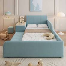 Upholstered Bed, Single Bed With Children's Desk And Stool, With Storage Shelf, Soft Headboard - 藍色 - 查看 3