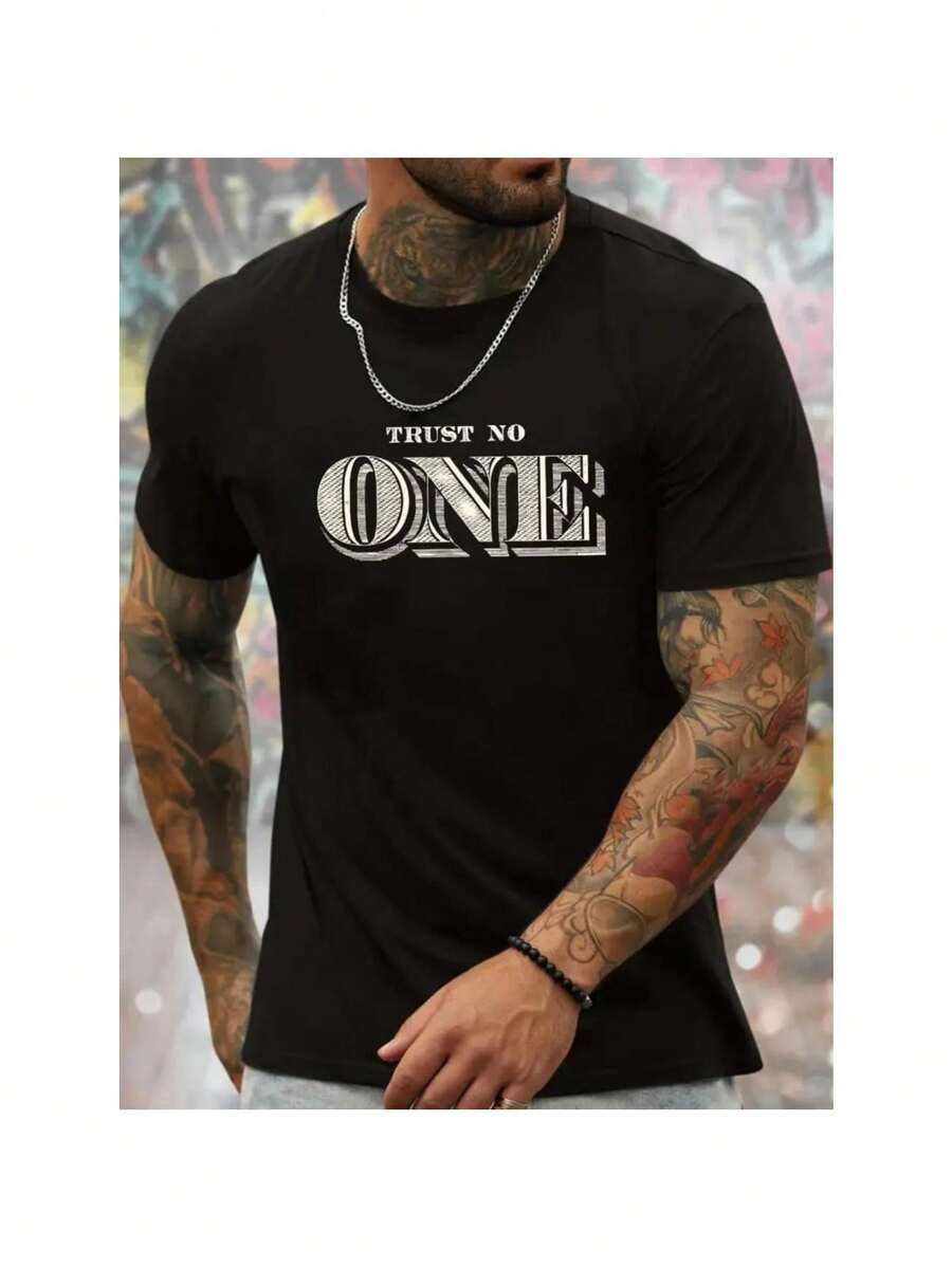 Men's Casual Cotton T-Shirt - "Trust No one" Graphic Print, Crew Neck, Short Sleeve, Regular Fit - Machine Washable Summer Top,Black T-shirt,Short Sleeve - Negro - Ver 1