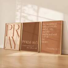 3pcs Frameless Terracotta Christian Bible Verse Canvas Posters, Minimalist Pray/Psalm 46:5/Proverbs 31:25 Wall Art Prints, Aesthetic Religious Room Decor, Holiday Decoration Gift - Brown - View 6