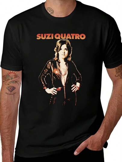 Men'S Vintage Suzi Quatro Glam Rock Graphic Tee, Inspired By The 70S And 80S, Features A Crew Neck, Slightly Stretchy Material, Iconic Images And Sign