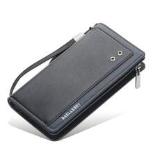 Smooth PU Long Wristlet Clutch Wallet, Solid Black Full Zip Multi Slot Travel Handheld Cash Card Organizer - Black - View 1
