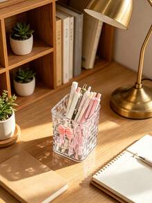 2pcs/1pc Ins Luxury Woven Square Pen Holder With Cute Bow Decoration, Student Desk Organizer, Office Large Capacity Pen Holder, Makeup Brush Holder, Multi-Function Storage Container - Rectangle - View 6