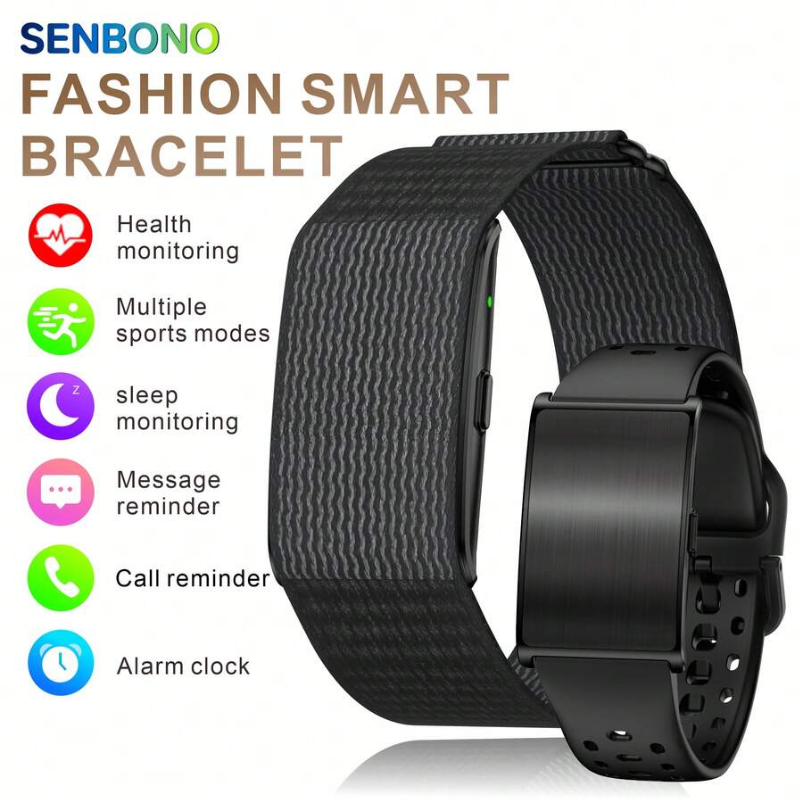 SENBONO Smart Band No Screen Sports Band Multiple Sports Modes Rechargeable Lithium Polymer Battery Heart Rate/Sleep Monitoring Incoming Call Reminder Alarm Smart Watch Sports Silicone/Nylon Strap Compatible With Phone APP - View 1