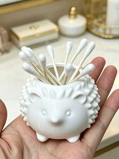 Hedgehog Shaped Creative Cotton Swab Makeup Organizer 3D Printed Desktop Makeup Vanity/Bathroom Cotton Swab Storage Box Warm Decorative Item