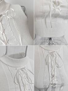 French Sexy Babe High Collar Textured Knit Camisole, Fitted Tie-Up Sleeveless Cropped Y2K Top Summer - Apricot - View 9