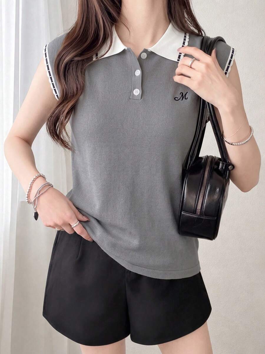 Summer Commute Elegant Polo Collar Contrast Color Embroidered Grey Versatile Pullover Short Sleeve Knit Top, Spring/Summer Date Vacation Daily Street Shopping - Grey - View 1